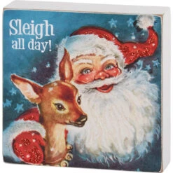 "Sleigh All Day" Santa & Reindeer Block Sign