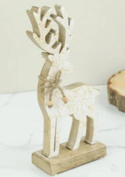 Wood Deer With White Enamel & Gold Flecks, 2 Size Options