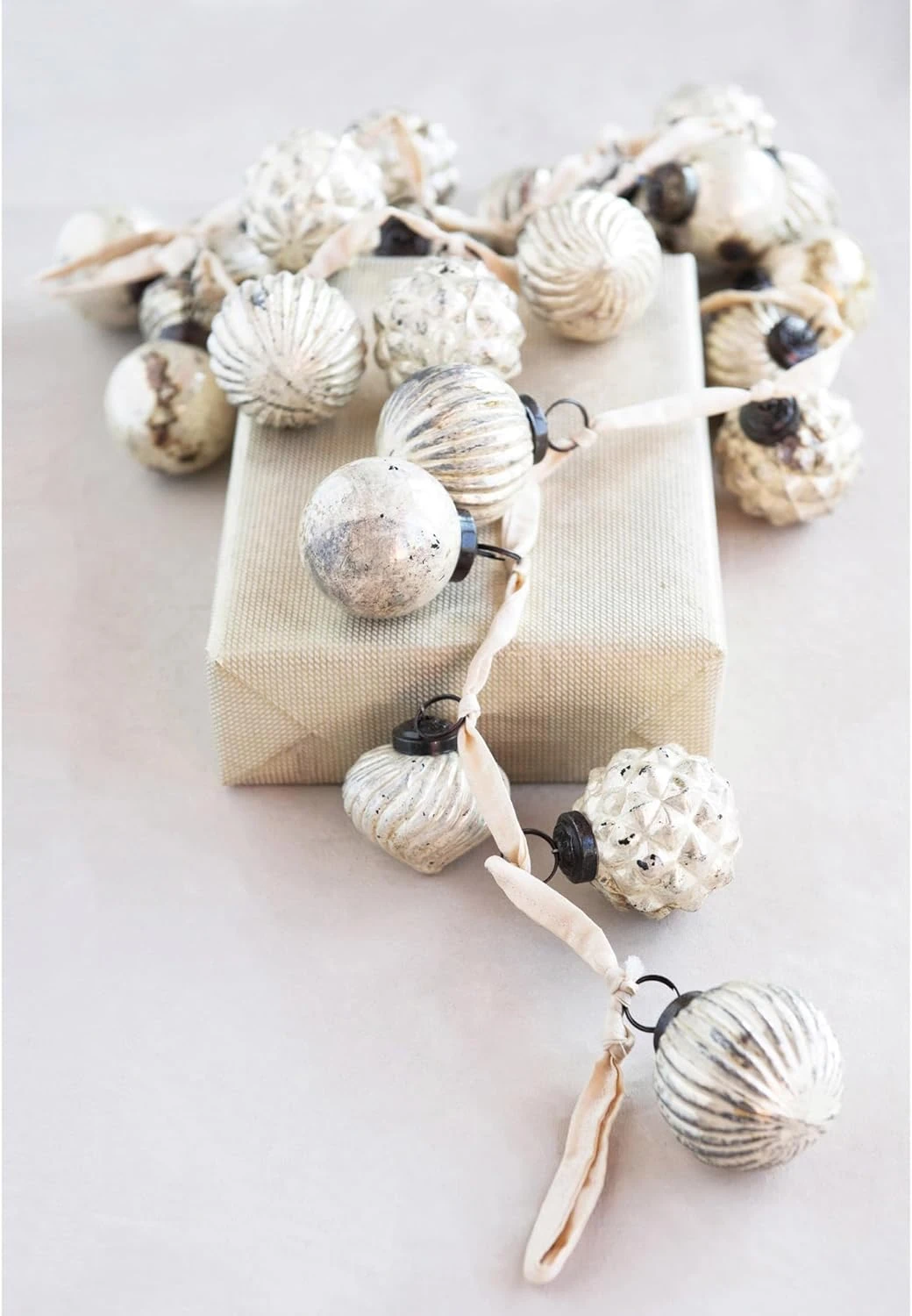 72"L Mercury Glass Ball Ornament Garland, Matte White 1 72"L Mercury Glass Ball Ornament Garland, Matte White