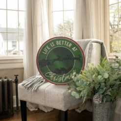 "Life Is Better At Christmas" Santa & Sleigh Round Metal Sign, 18"