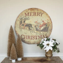 "Merry Christmas" Santa, Reindeer & Sleigh Retro-Look Distressed Sign (Pick Up Only)
