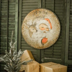 "Joy To The World" Santa & Reindeer Distressed Round Sign (Pick Up Only) -Winter Gifts Market RagonHouseProduct082919 200 62776