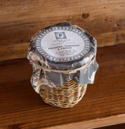 French Willow Wrapped Glass Candle, Hickory Tabacco & Tweed Scent By Porch View Home