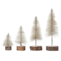 Bottle Brush Tree With Wood Slice Base, Cream, 4 Size Options