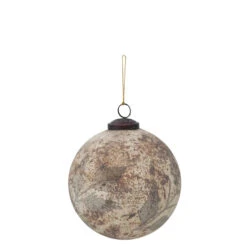 Round Glass Ball Ornament With Etched Leaf Pattern, Marbled Matte Cream & Brown