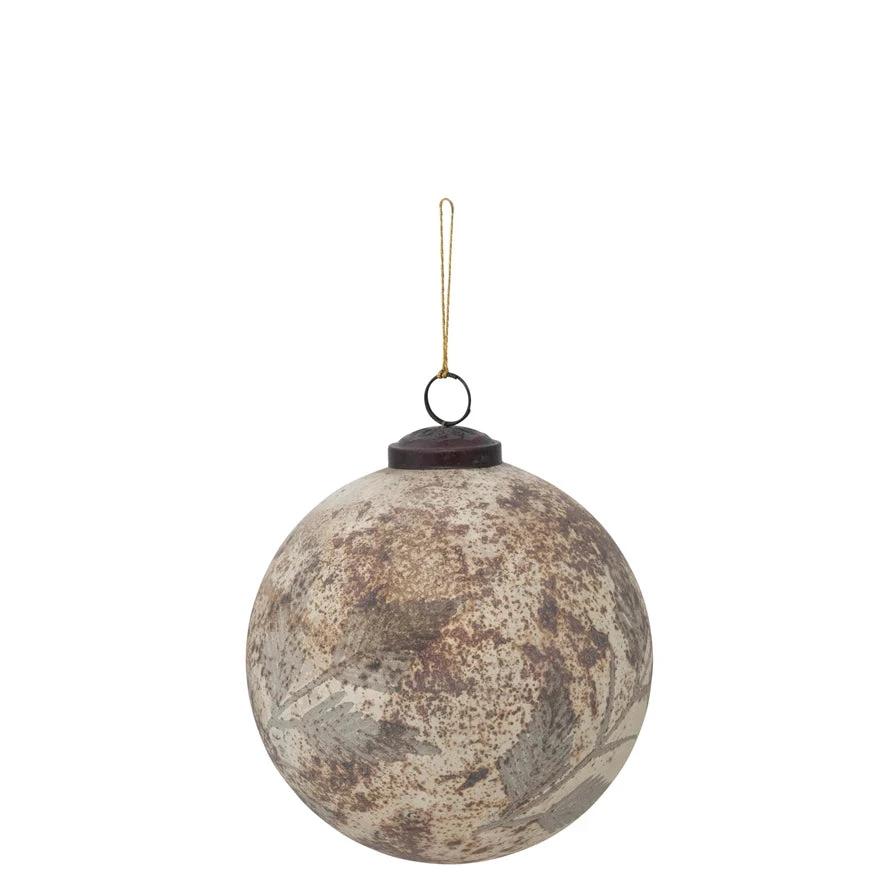 Round Glass Ball Ornament With Etched Leaf Pattern, Marbled Matte Cream & Brown 1 Round Glass Ball Ornament With Etched Leaf Pattern, Marbled Matte Cream & Brown