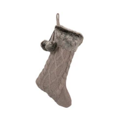 Cotton Knit Stocking With Faux Fur Cuff & Pom Poms, Taupe