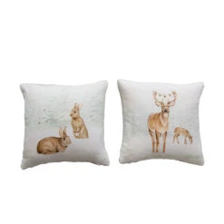 Cotton Printed Slub Pillow With Forest Animals And Bouclé Fabric Back, 2 Style Options